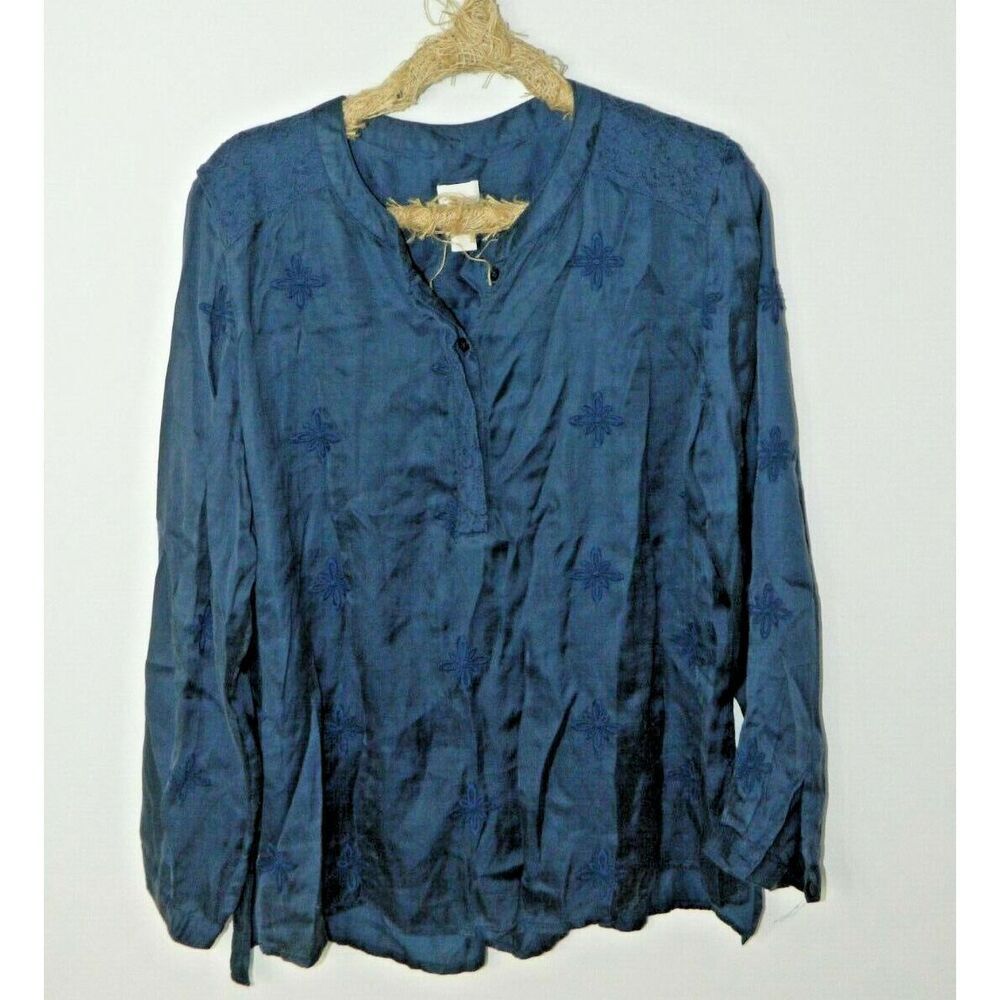 CHICO'S Tunic Blouse Size 2 Medium Blue‎ Long Sleeve Embroidery Lace Silky